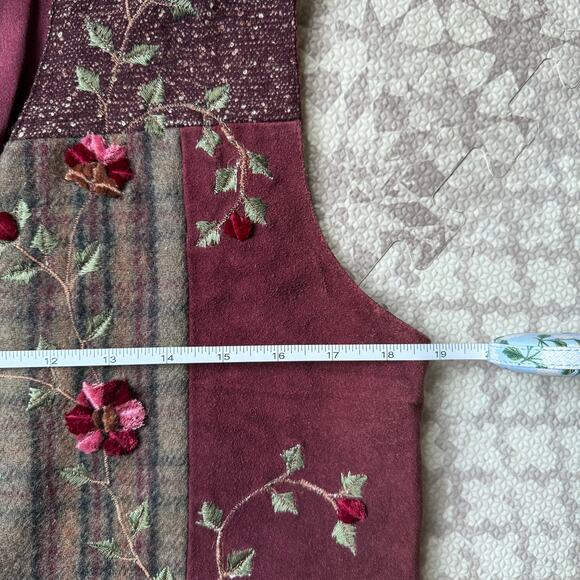 Keren Hart Vintage Suede Leather Wool Floral Plaid Patchwork Vest Burgundy Small - Picture 5 of 7